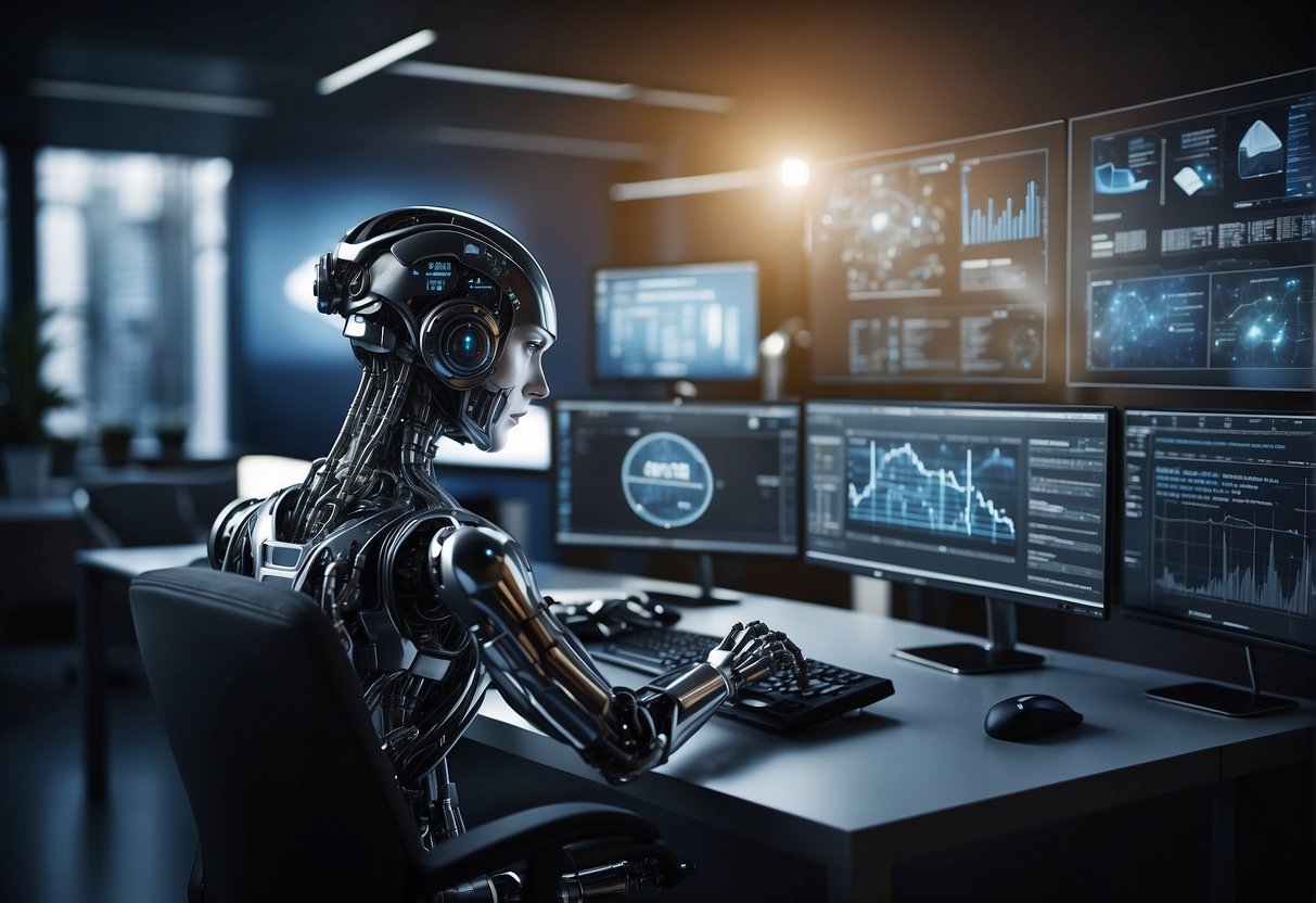 An AI program generates content for a marketing campaign, surrounded by digital devices and data charts