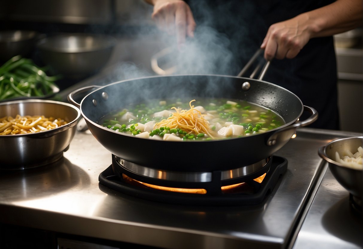 A wok sizzles with ginger, garlic, and scallions. A chef adds fish, broth, and soy sauce. Steam rises as the soup simmers