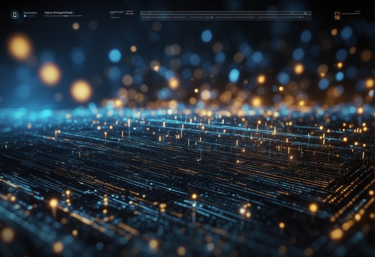 A computer screen displaying a complex algorithm generating high-quality AI content. Multiple data points and lines of code are visible, indicating the advanced technology at work