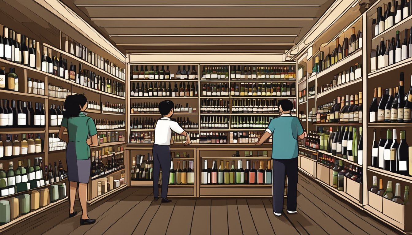 A bustling wine shop in Singapore, shelves lined with bottles from around the world. Customers browse and chat with knowledgeable staff