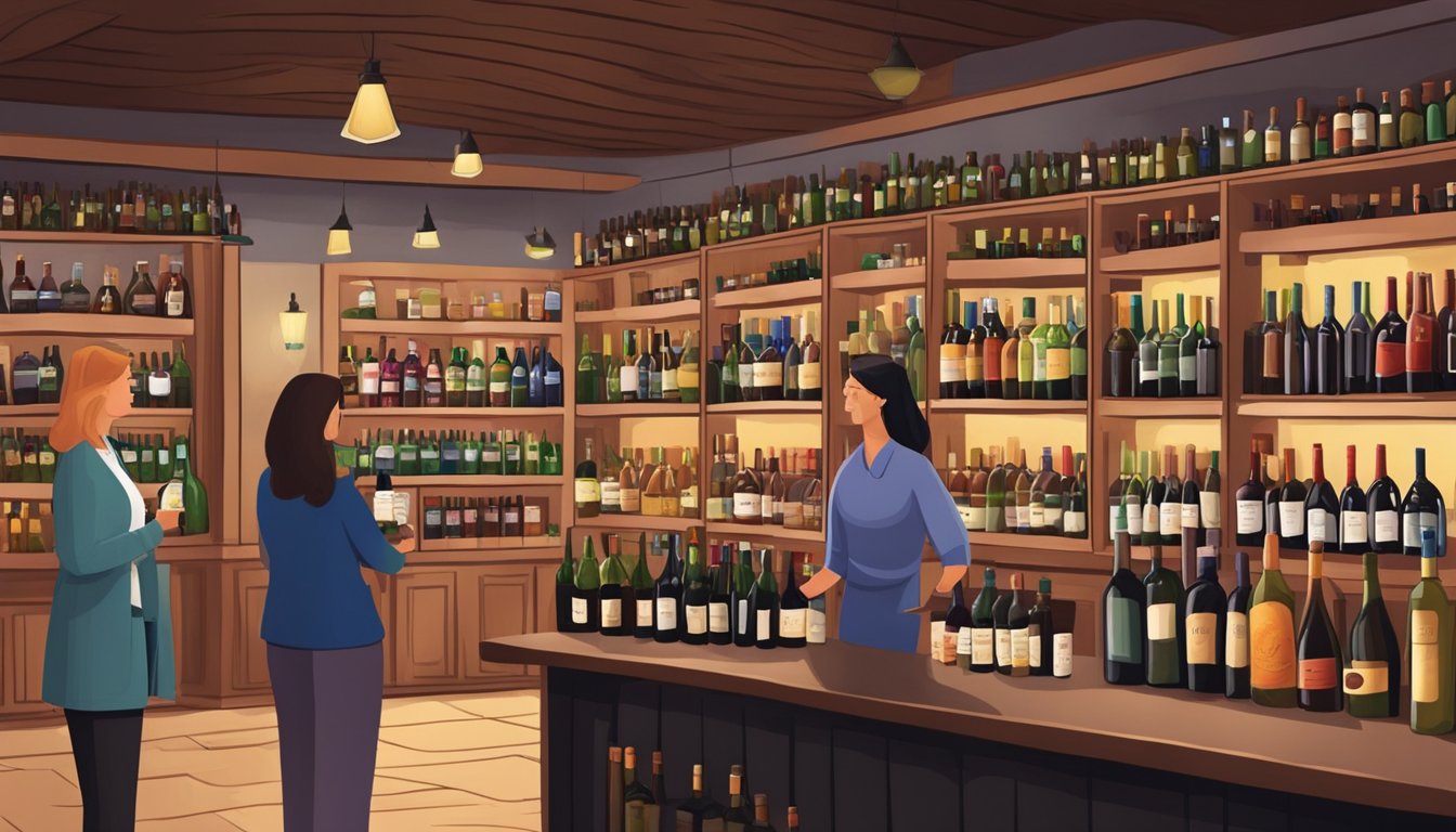 A cozy wine shop with shelves lined with bottles from around the world. A knowledgeable staff member helps a customer choose the perfect bottle