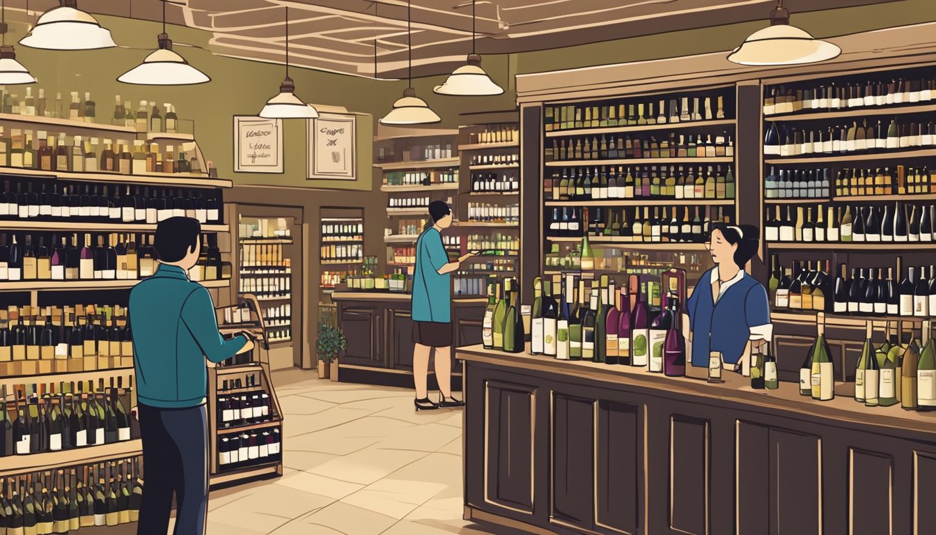 A bustling wine store in Singapore with shelves stocked with various bottles, a knowledgeable staff member assisting a customer, and a sign displaying "Frequently Asked Questions" about wine