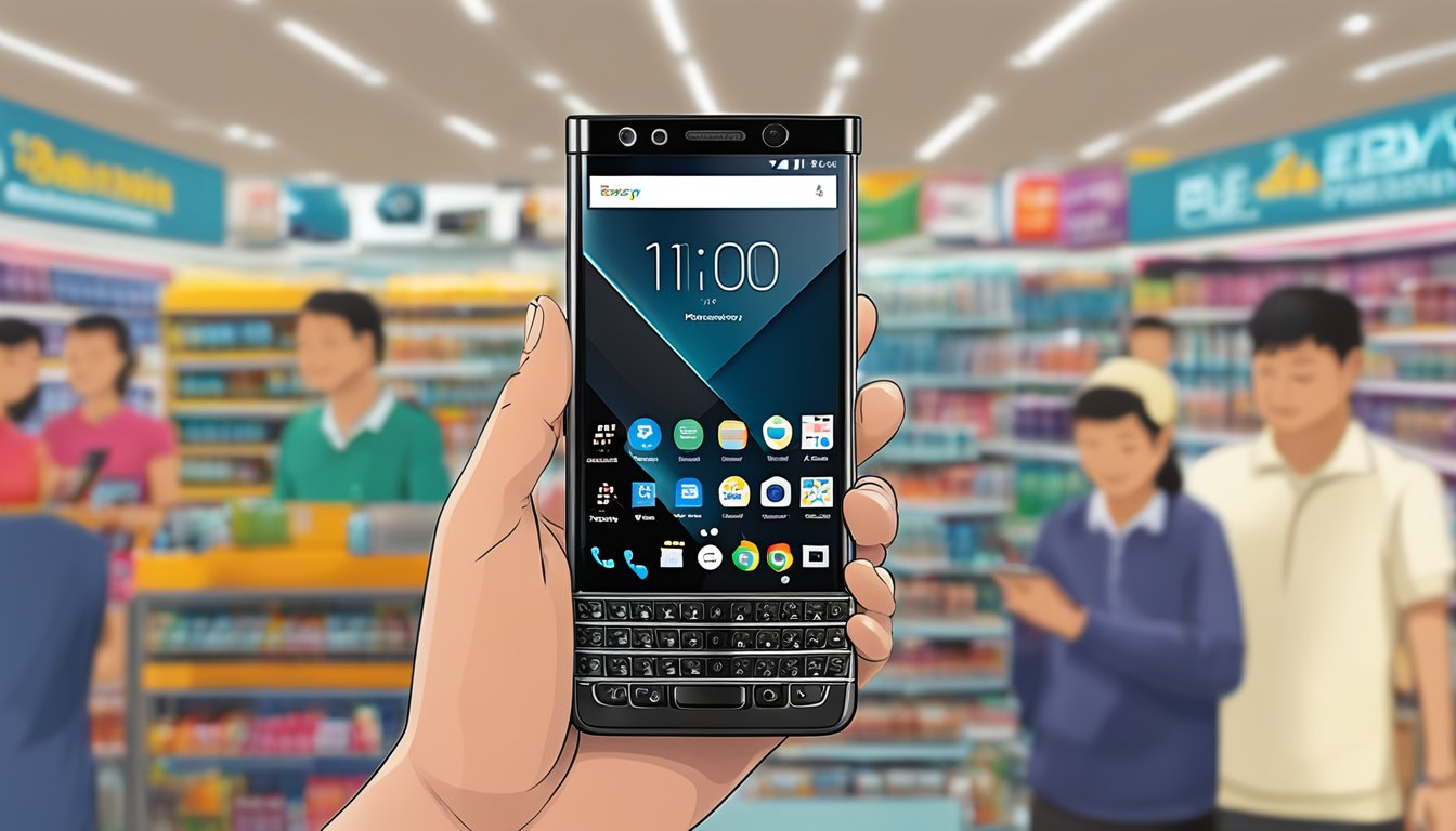 A hand holding a Blackberry KeyOne in a bustling Singapore electronics store