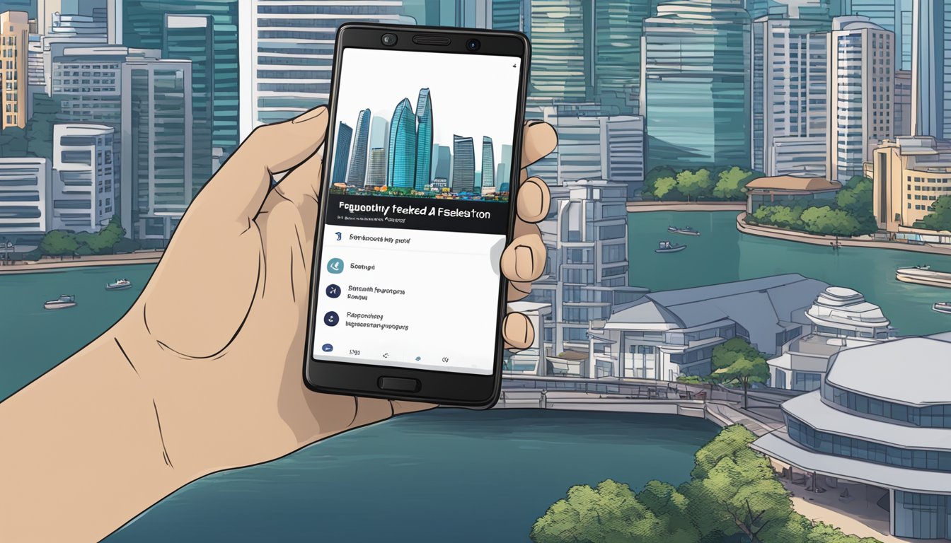 A hand holding a blackberry keyone with a Singapore cityscape in the background. Text "Frequently Asked Questions" displayed on the screen