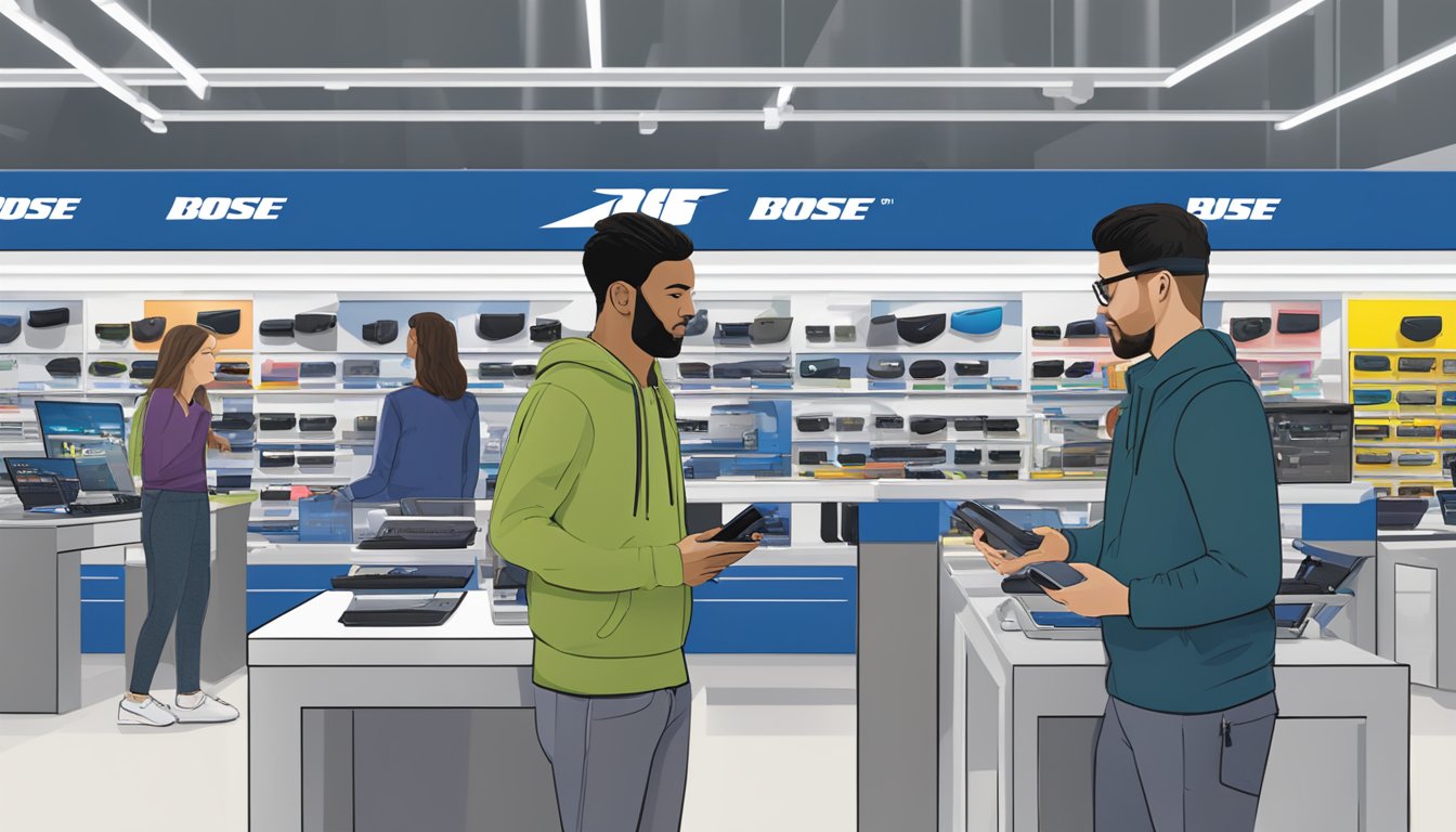 A person wearing a Bose Soundwear is browsing through products at Best Buy. The store is filled with electronic gadgets and displays