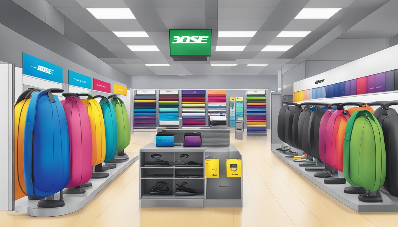 A colorful display of Bose SoundWear products with a "Frequently Asked Questions" banner at a Best Buy store