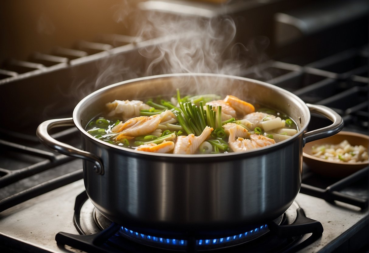 A pot simmers on a stove, filled with fish bones, ginger, and scallions. Steam rises as the ingredients infuse the water, creating a fragrant Chinese fish stock