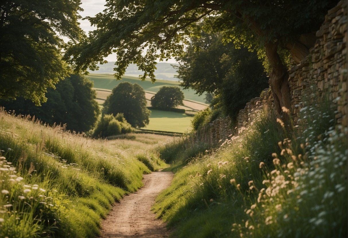 Lush green countryside trails wind through rolling hills and picturesque villages in Oxfordshire, with vibrant wildflowers and ancient stone walls lining the paths