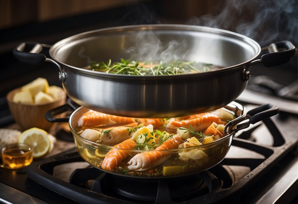A pot simmers on the stove, filled with fish bones, ginger, and other aromatic ingredients. Steam rises as the stock cooks, filling the kitchen with a rich, savory aroma