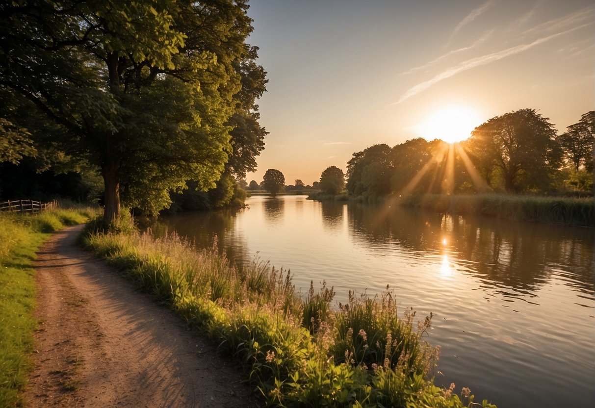 The sun sets over the tranquil River Thames, casting a warm glow on the winding Thames Path in Oxfordshire. Lush greenery lines the water's edge, creating a peaceful and picturesque walking location