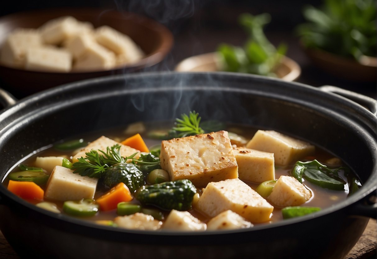 A large pot simmers with fish, tofu, and vegetables in a fragrant broth, with a hint of ginger and soy sauce