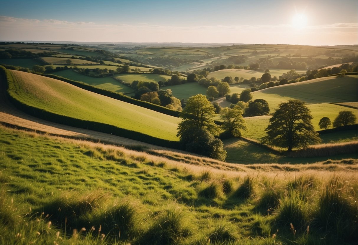 Rolling hills, lush green meadows, and winding footpaths under a clear blue sky, capturing the majestic beauty of the Cotswolds in Oxfordshire