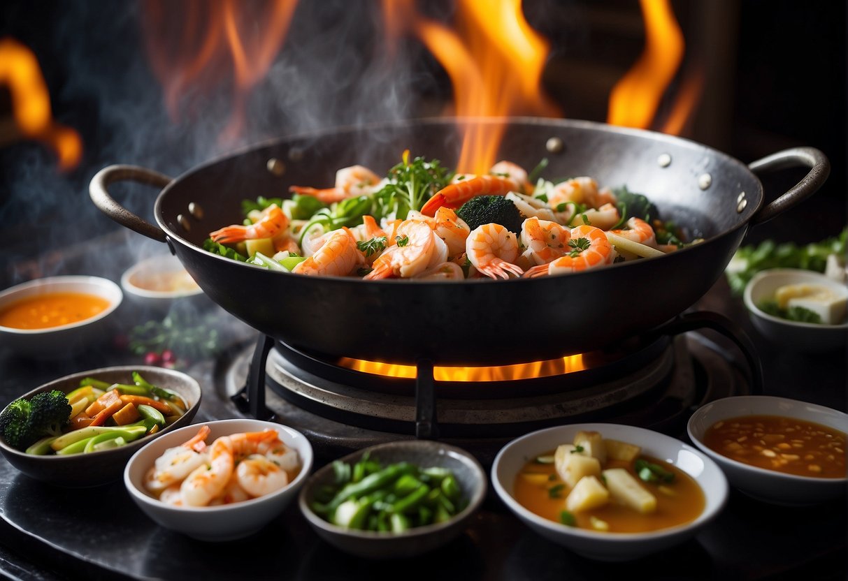 A large wok sizzles over an open flame, filled with a fragrant broth and an assortment of fresh seafood, vegetables, and aromatic spices