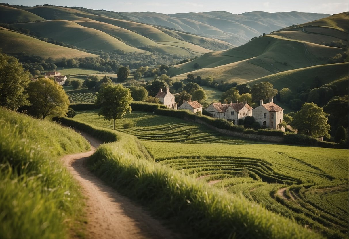 The scene depicts a winding path through lush green countryside, with a backdrop of historic landmarks and quaint villages nestled among rolling hills