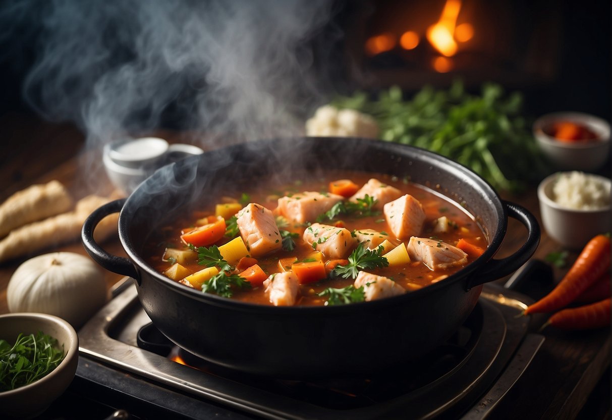 A steaming pot of fish stew, filled with chunks of tender fish, colorful vegetables, and aromatic herbs, simmering on a stove