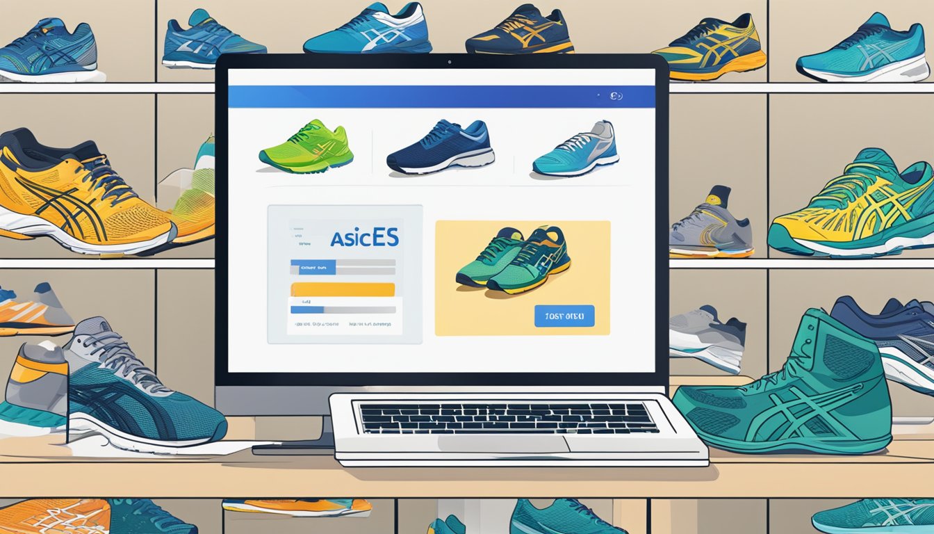 A computer screen displaying a website with a variety of Asics shoes, a secure payment option, and a "buy now" button