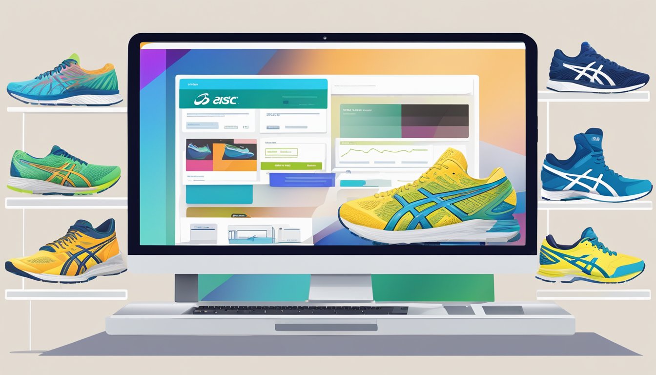 A computer screen displays a website with a variety of Asics shoes available for purchase online