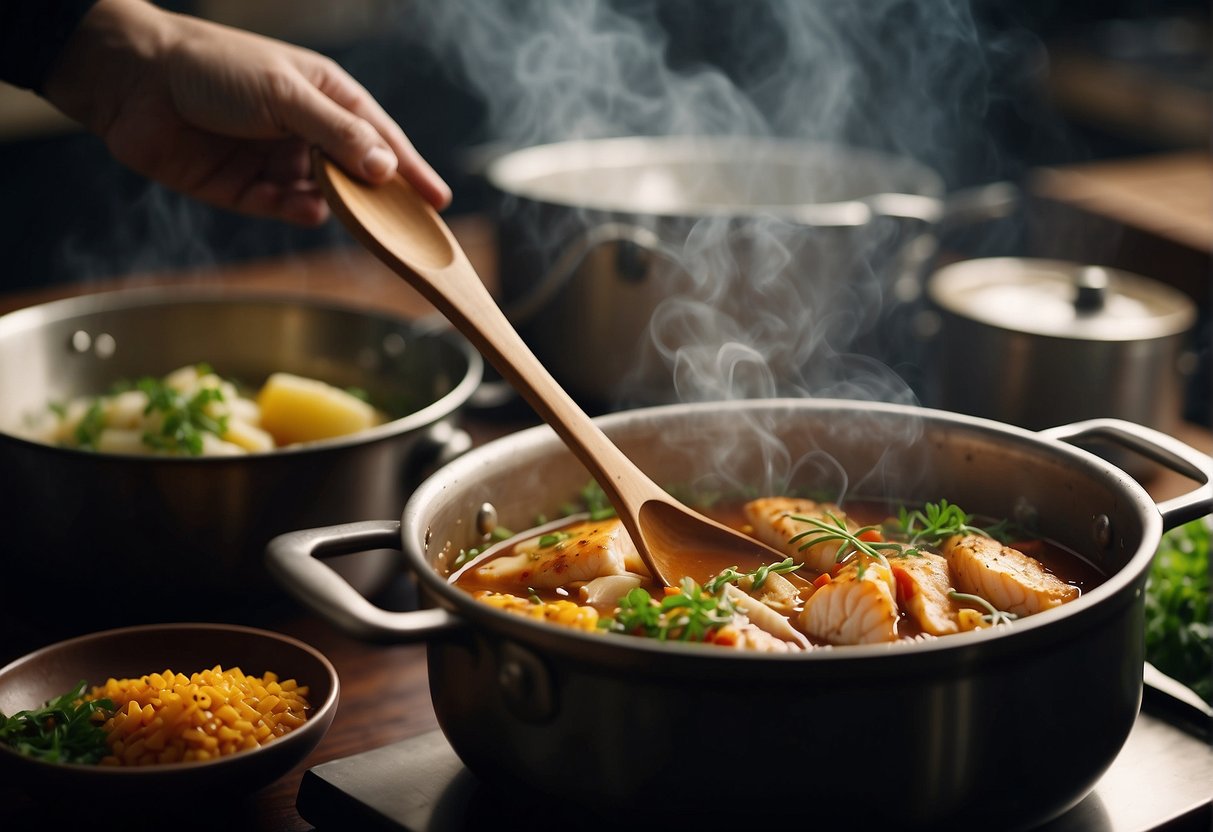 A pot simmering with fish, ginger, and vegetables. A chef adds soy sauce and spices, stirring with a wooden spoon