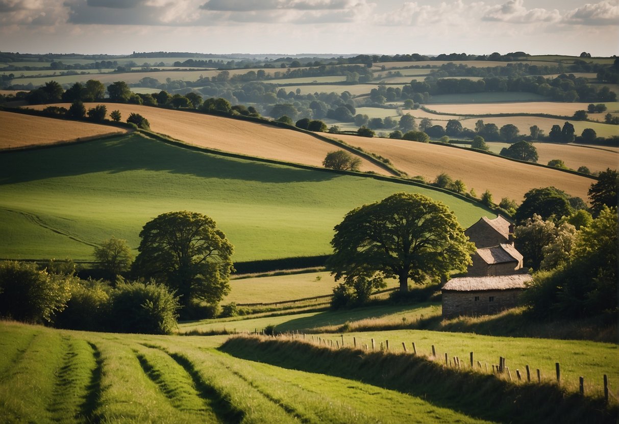 A picturesque landscape of rolling hills and lush green countryside, with winding paths and charming villages, showcasing the best walking locations in Oxfordshire