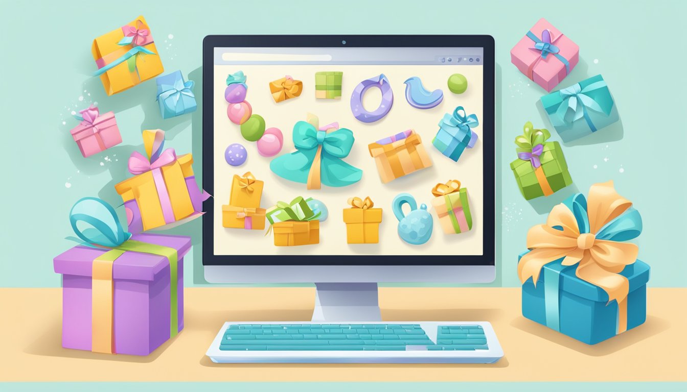 A computer screen displaying a variety of baby gifts, with a cursor clicking on different items to purchase online