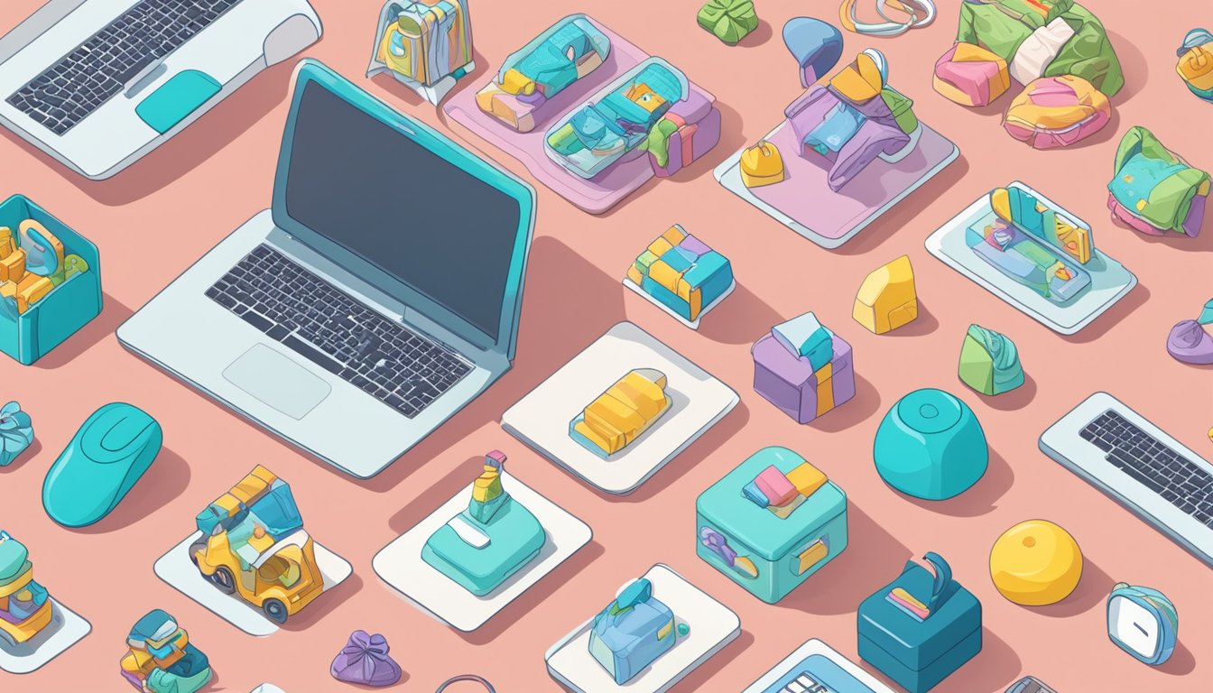 A hand reaches for a computer mouse, clicking on various baby gifts displayed on a website. The screen shows a wide array of adorable items, from clothing to toys, ready for selection