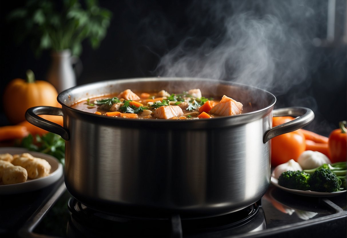 A large pot simmers on a stove, filled with chunks of fish, vegetables, and aromatic Chinese spices, creating a fragrant and flavorful stew