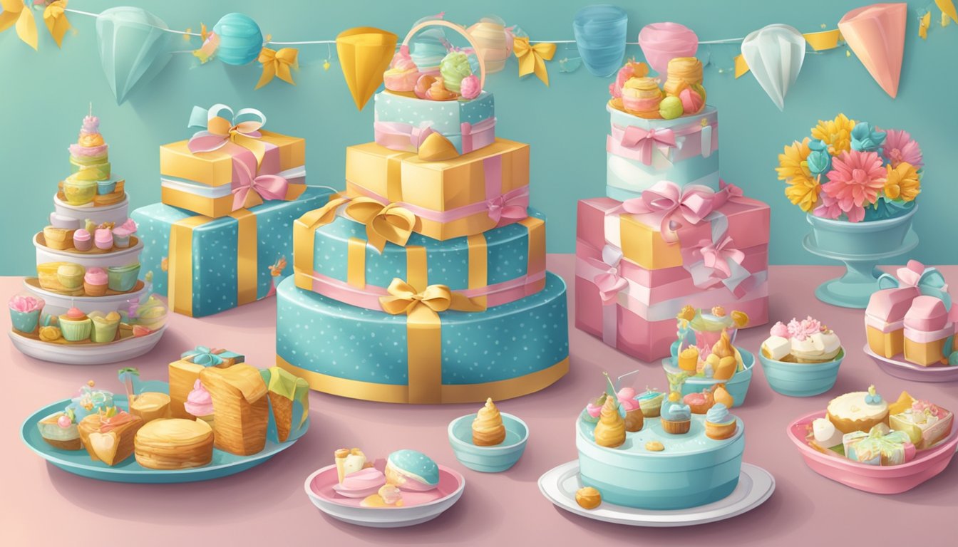 A table adorned with colorful hampers and sets, filled with baby gifts and surrounded by joyful decorations