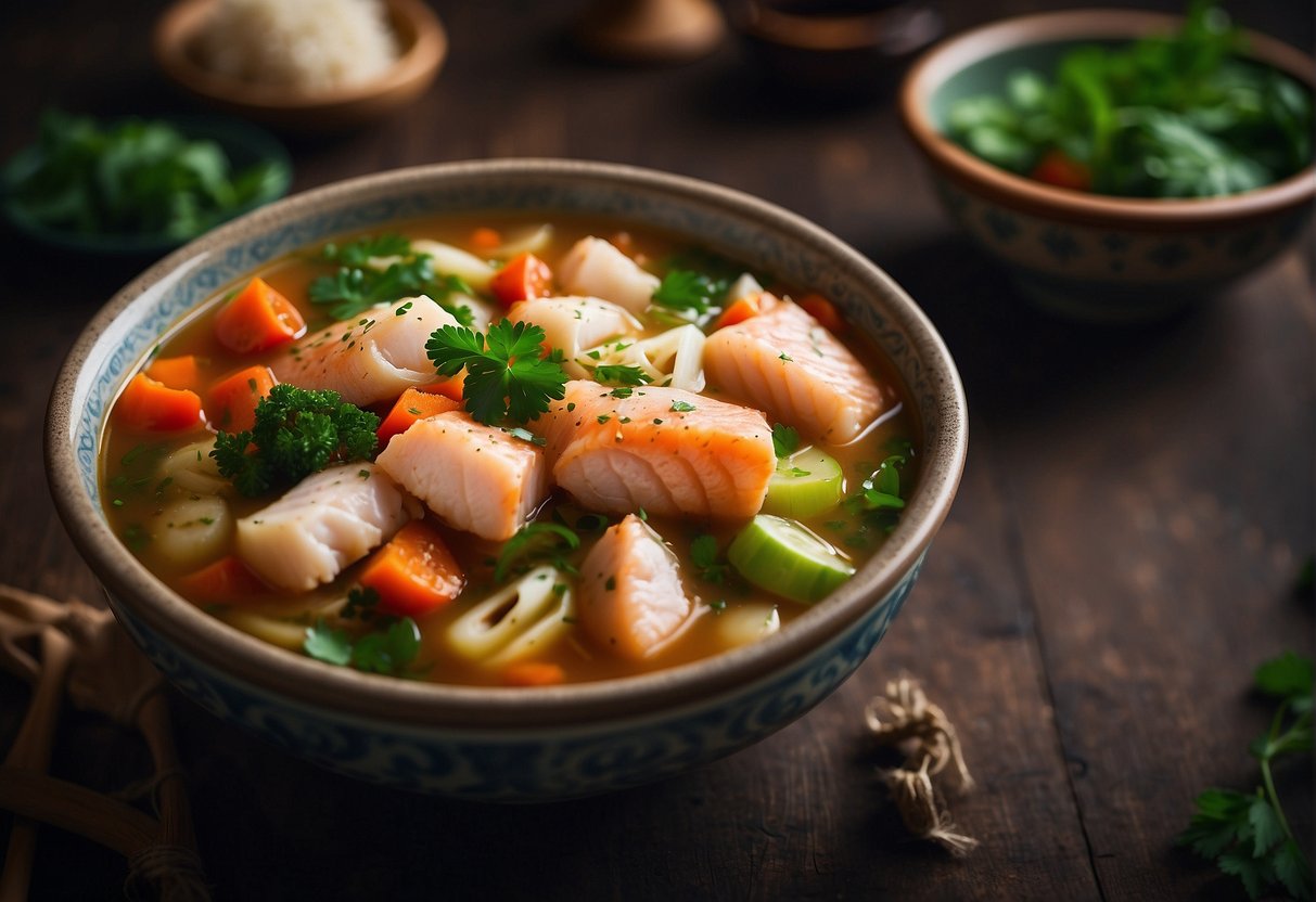 A steaming bowl of fish stew with vibrant vegetables and aromatic broth, garnished with fresh herbs and served in traditional Chinese dishware