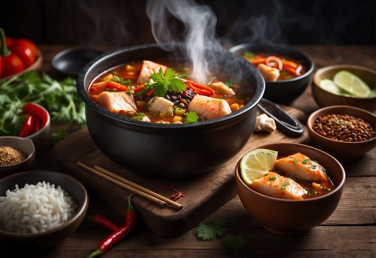 A steaming pot of fish stew with Chinese spices and ingredients, surrounded by bowls and chopsticks on a rustic wooden table