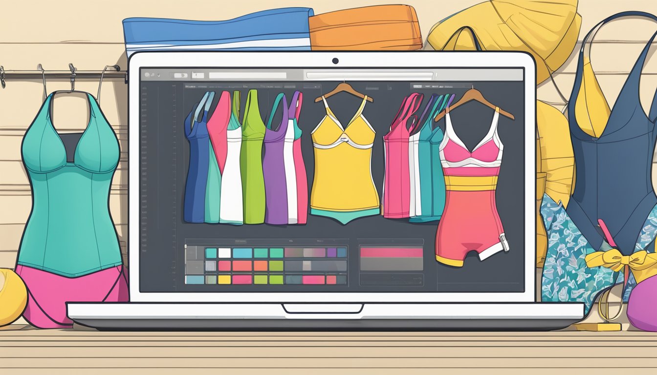 A laptop displaying a variety of swimsuits on a colorful website, with a tape measure and a size chart nearby