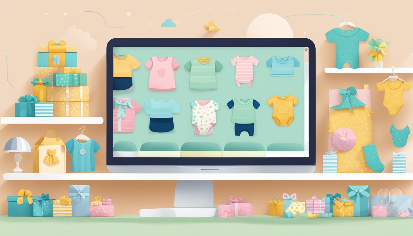 Customers browsing baby gift options online, with a variety of products displayed and a FAQ section visible