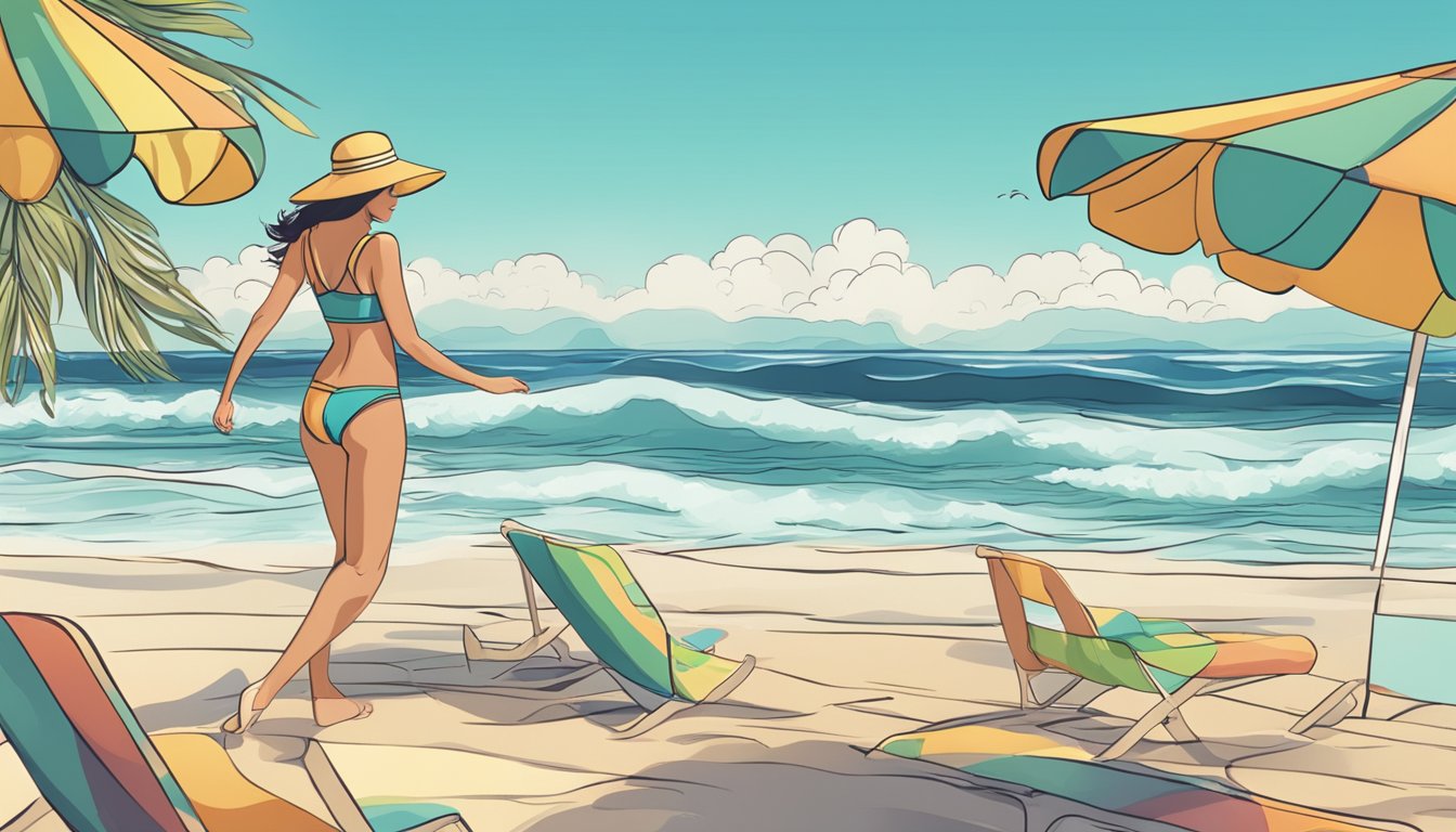 A beach scene with colorful swimwear displayed on a website, with waves crashing in the background