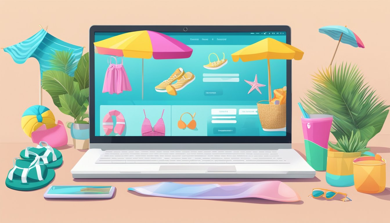A laptop open to a website with a list of frequently asked questions about buying bathers online, surrounded by colorful swimwear and beach accessories