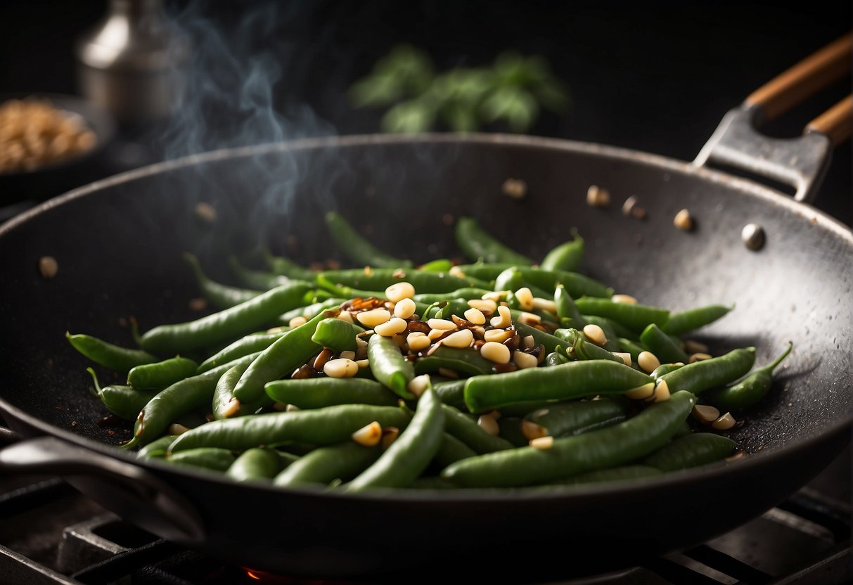 Fresh flat beans sizzling in a wok with garlic, ginger, and soy sauce, creating an aromatic and visually appealing Chinese dish