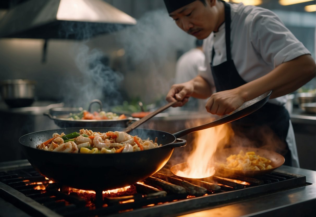 A wok sizzles as a chef stir-fries flower crabs with ginger, garlic, and chili in a Chinese kitchen. The aroma of soy sauce and cooking seafood fills the air