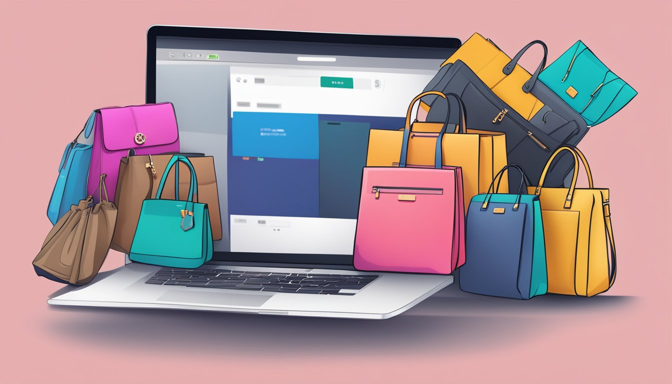 A laptop with a variety of branded bags displayed on a website, with a "buy now" button highlighted
