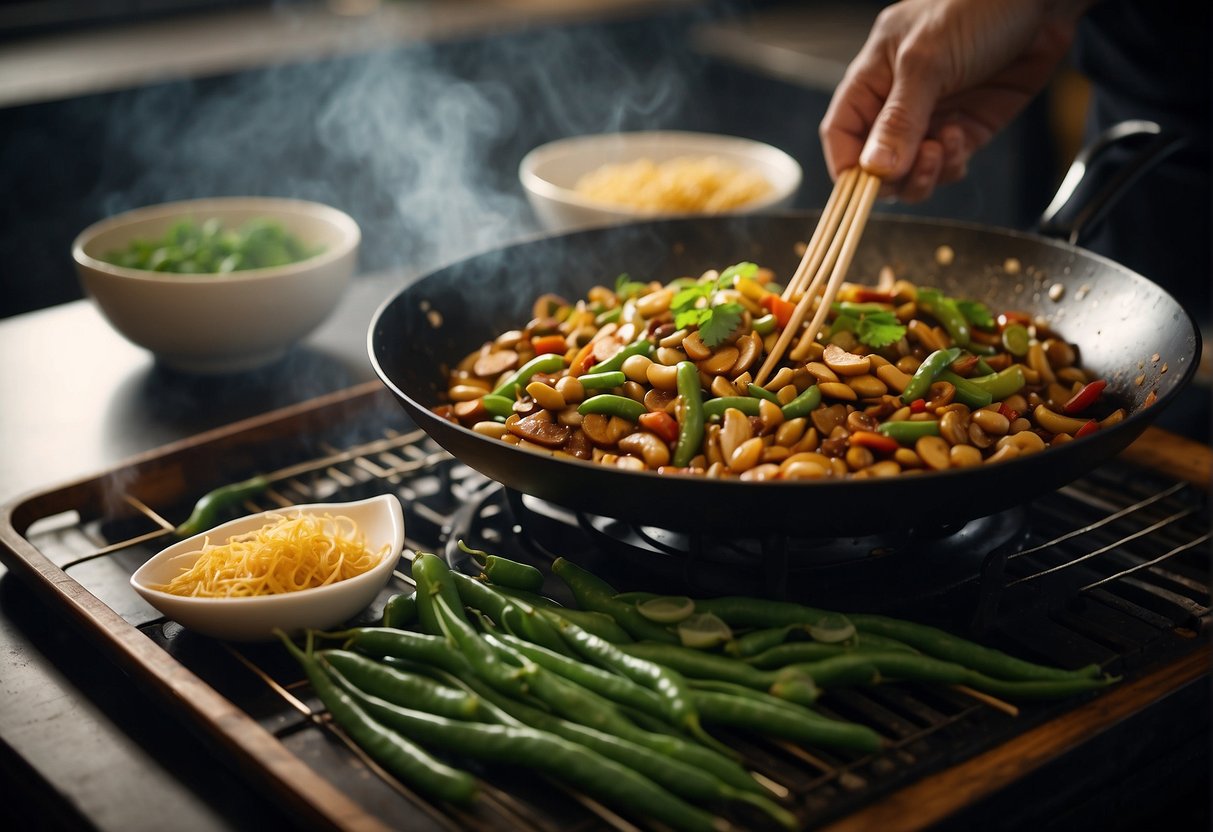A wok sizzles with flat beans, garlic, and soy sauce. Ginger and chili add fragrance. A steaming bowl of Chinese flat bean stir-fry completes the scene