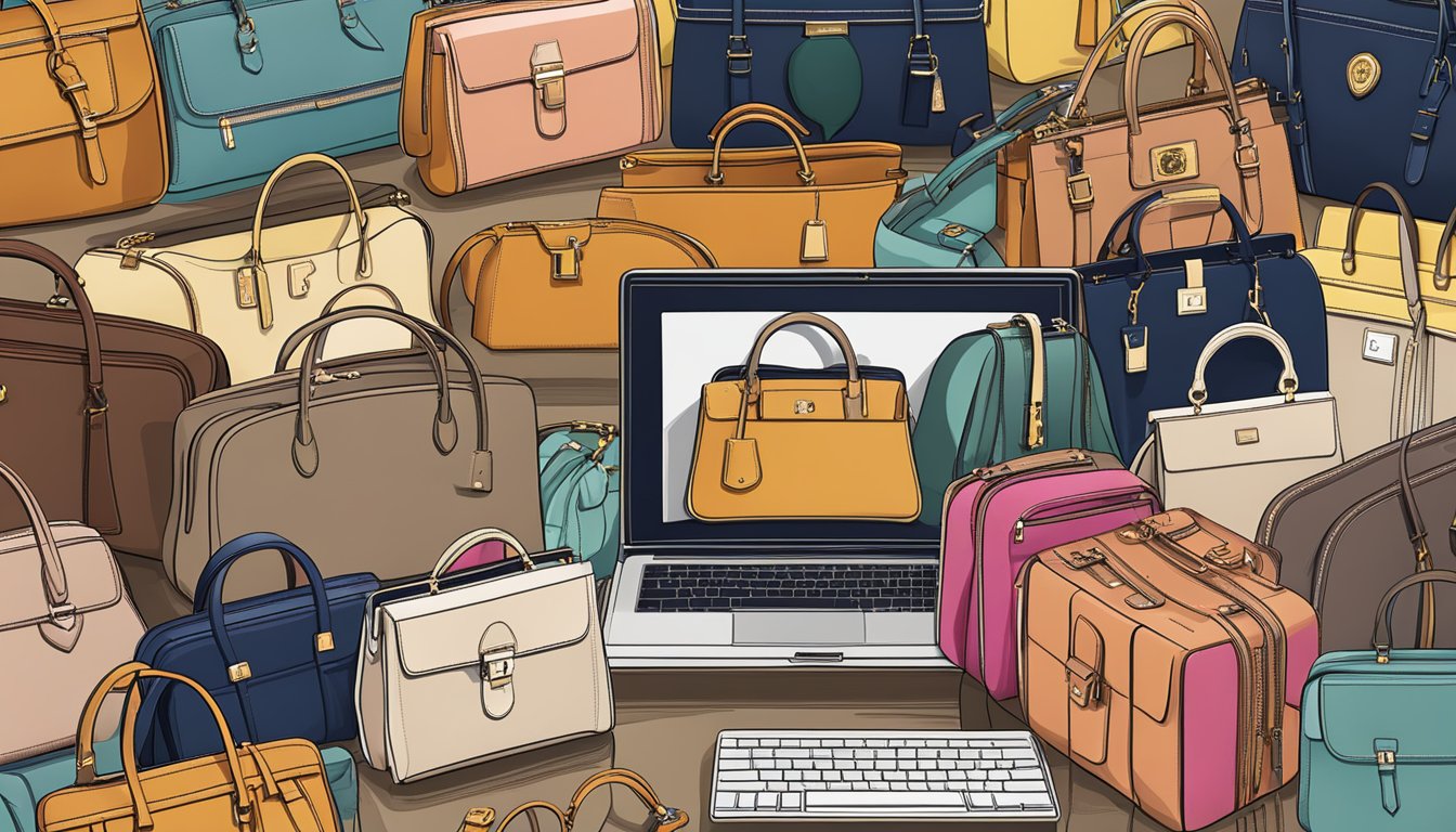 A laptop screen displaying a variety of high-end luxury bags available for purchase on an online retailer's website