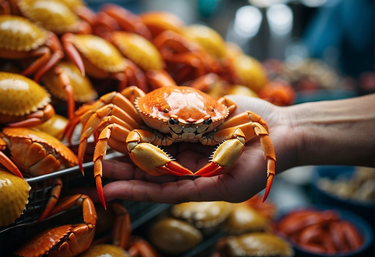 A hand reaches for the largest flower crab in a market stall, surrounded by vibrant red and yellow crabs