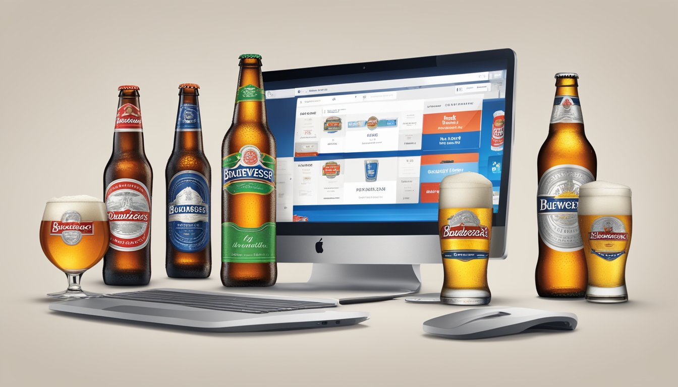 A computer screen displaying the Budweiser website with a variety of beer options and a "buy now" button highlighted