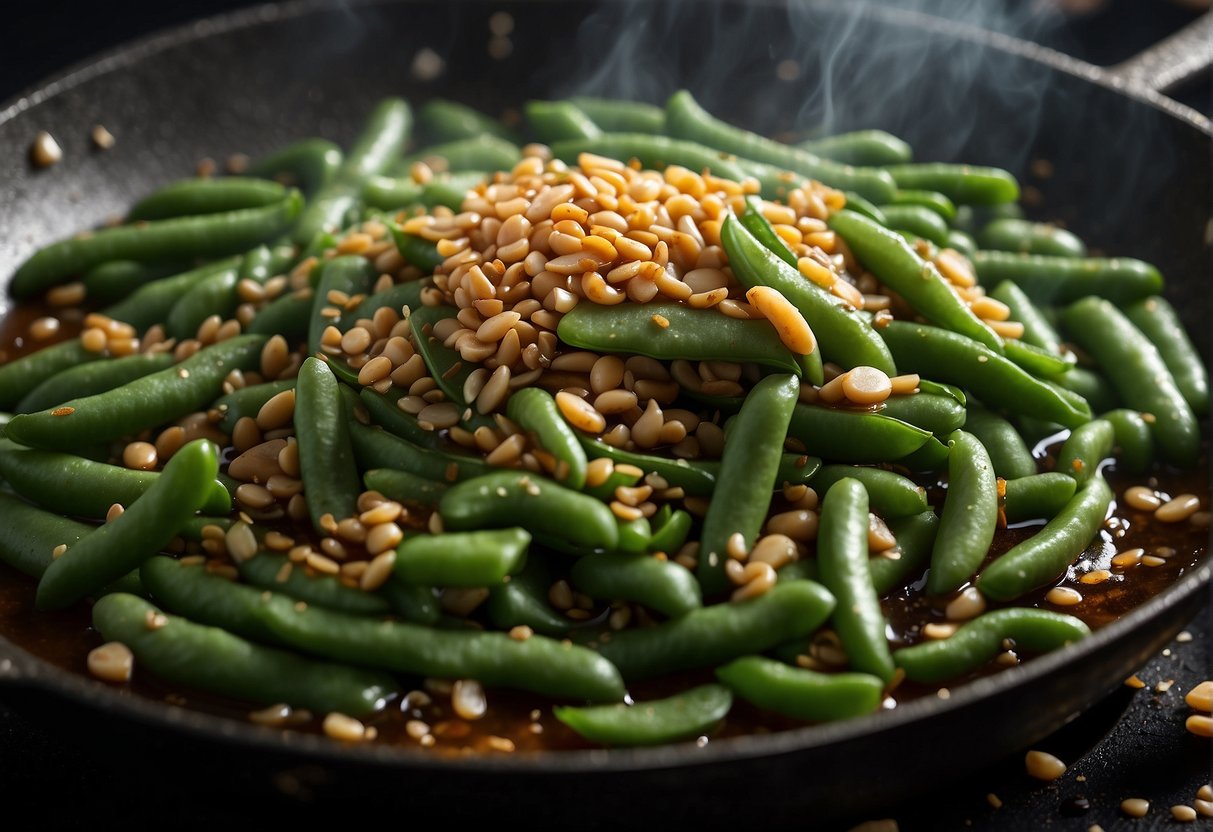 Flat beans sizzling in a wok, garlic and ginger being added, steam rising, soy sauce drizzling, a sprinkle of sesame seeds