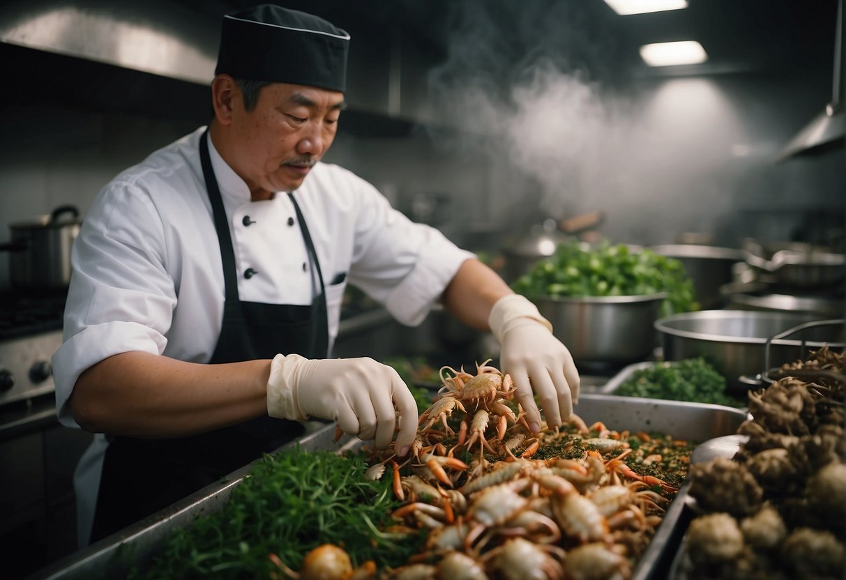 A chef gathers flower crabs, ginger, and spices for a Chinese recipe