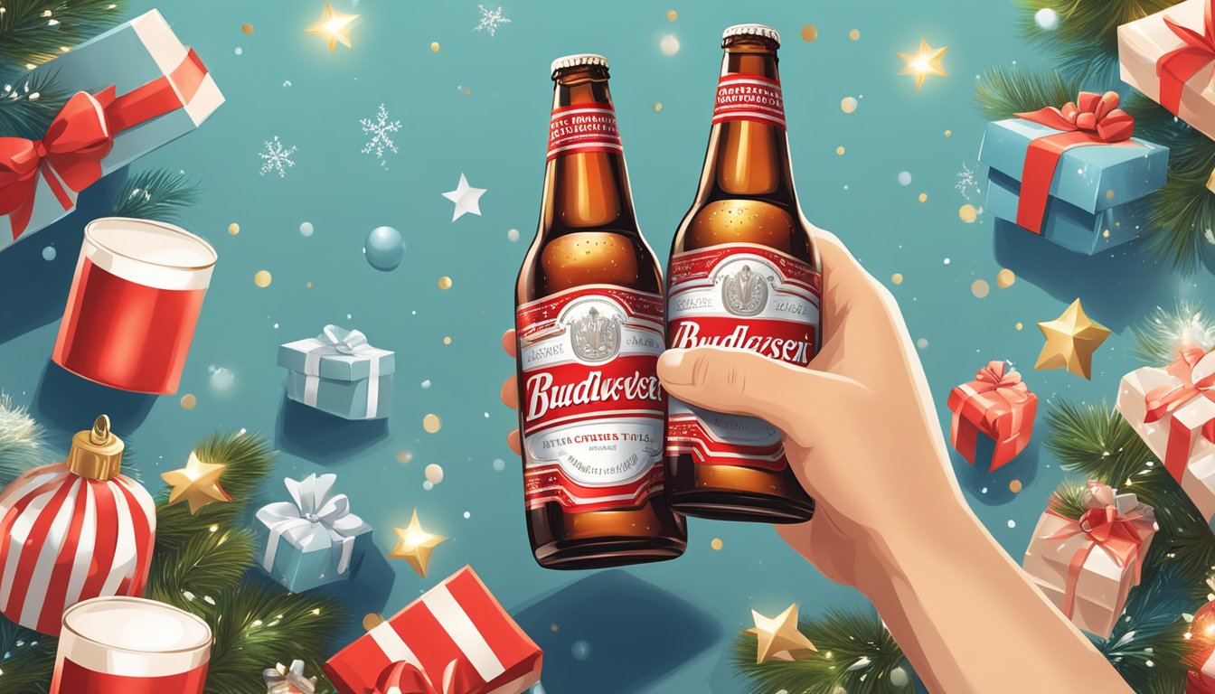 A hand reaching for a bottle of Budweiser beer online, with a background of festive decorations and special occasion settings