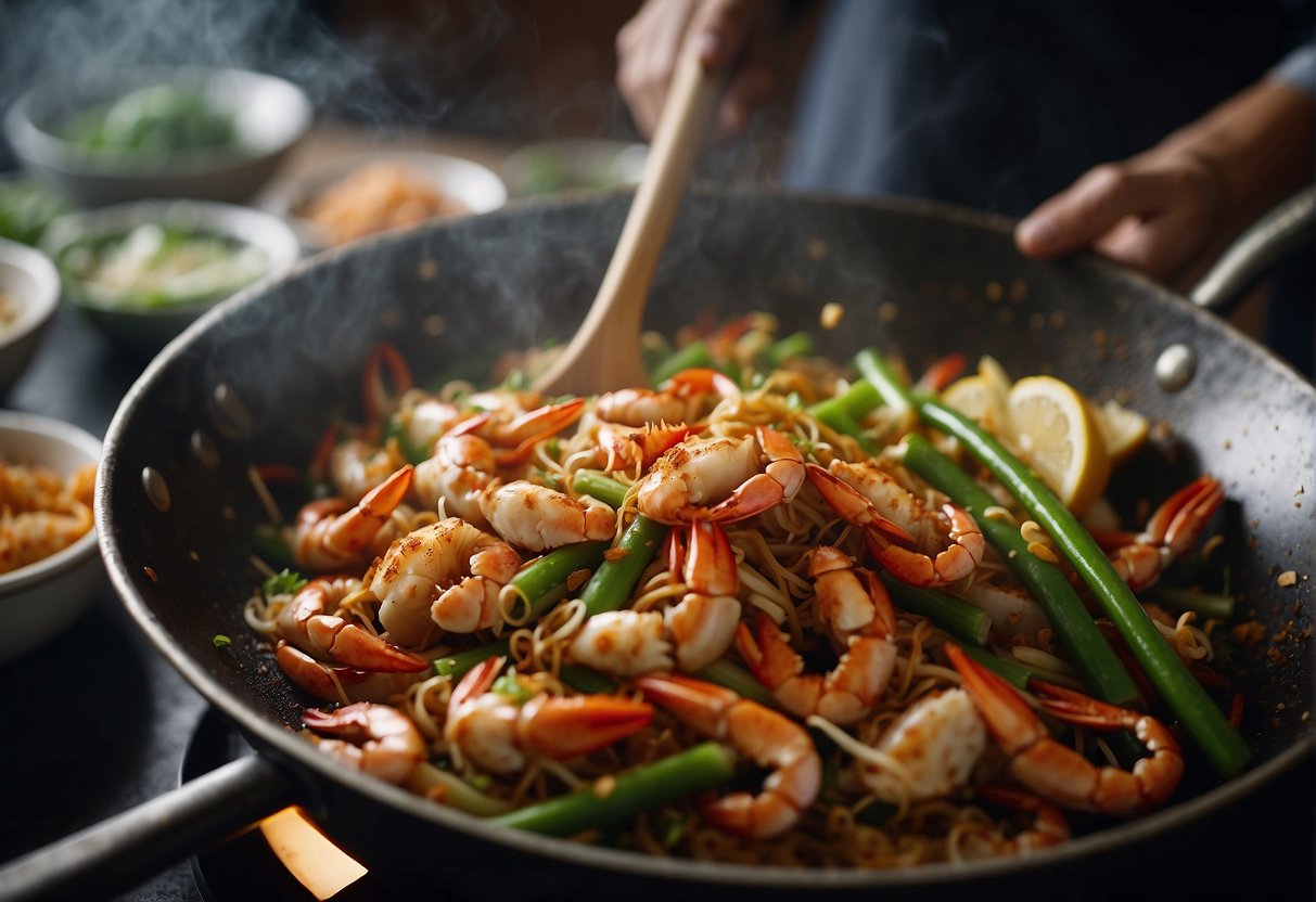 A chef stir-fries flower crab with ginger and scallions in a wok, adding soy sauce and cooking wine for a traditional Chinese recipe