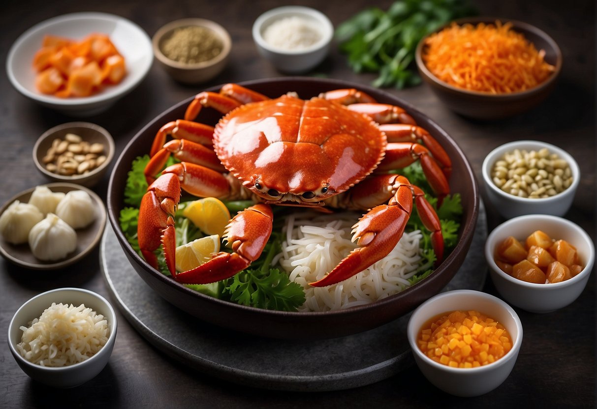 A table displays a cooked flower crab surrounded by Chinese ingredients. A nutritional label lists the recipe's information