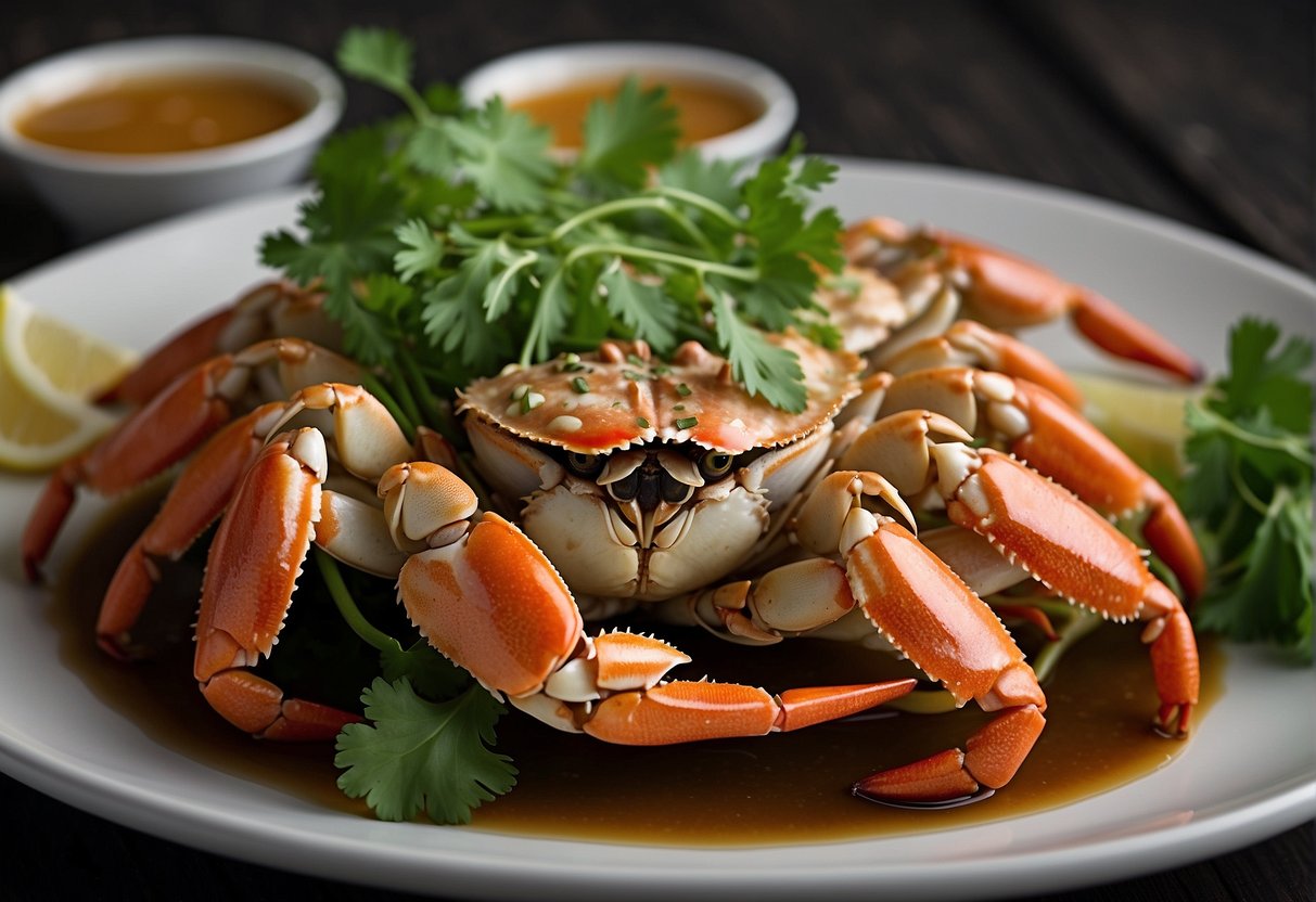 A plate of steamed flower crabs with ginger and scallions, accompanied by a side of soy sauce and a garnish of fresh cilantro