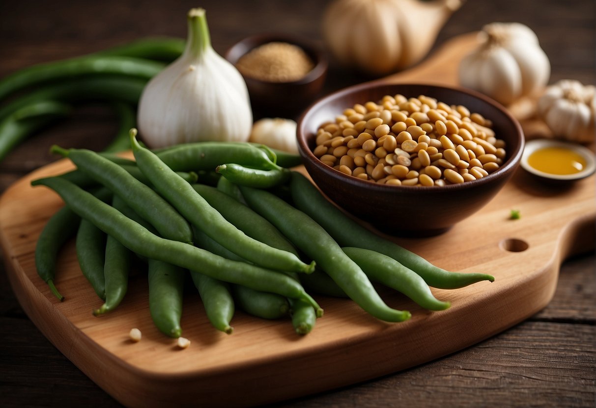 A colorful array of fresh flat beans, garlic, ginger, and soy sauce arranged on a wooden cutting board. A small dish of nutritional information and health benefits sits nearby