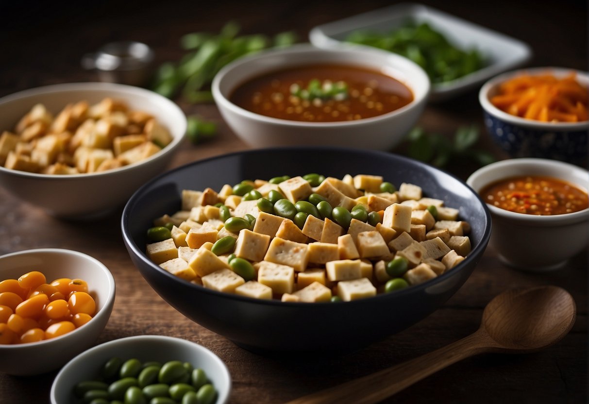 A colorful array of flat beans, tofu, and savory sauce sit in a storage container next to a bowl of leftover Chinese recipe