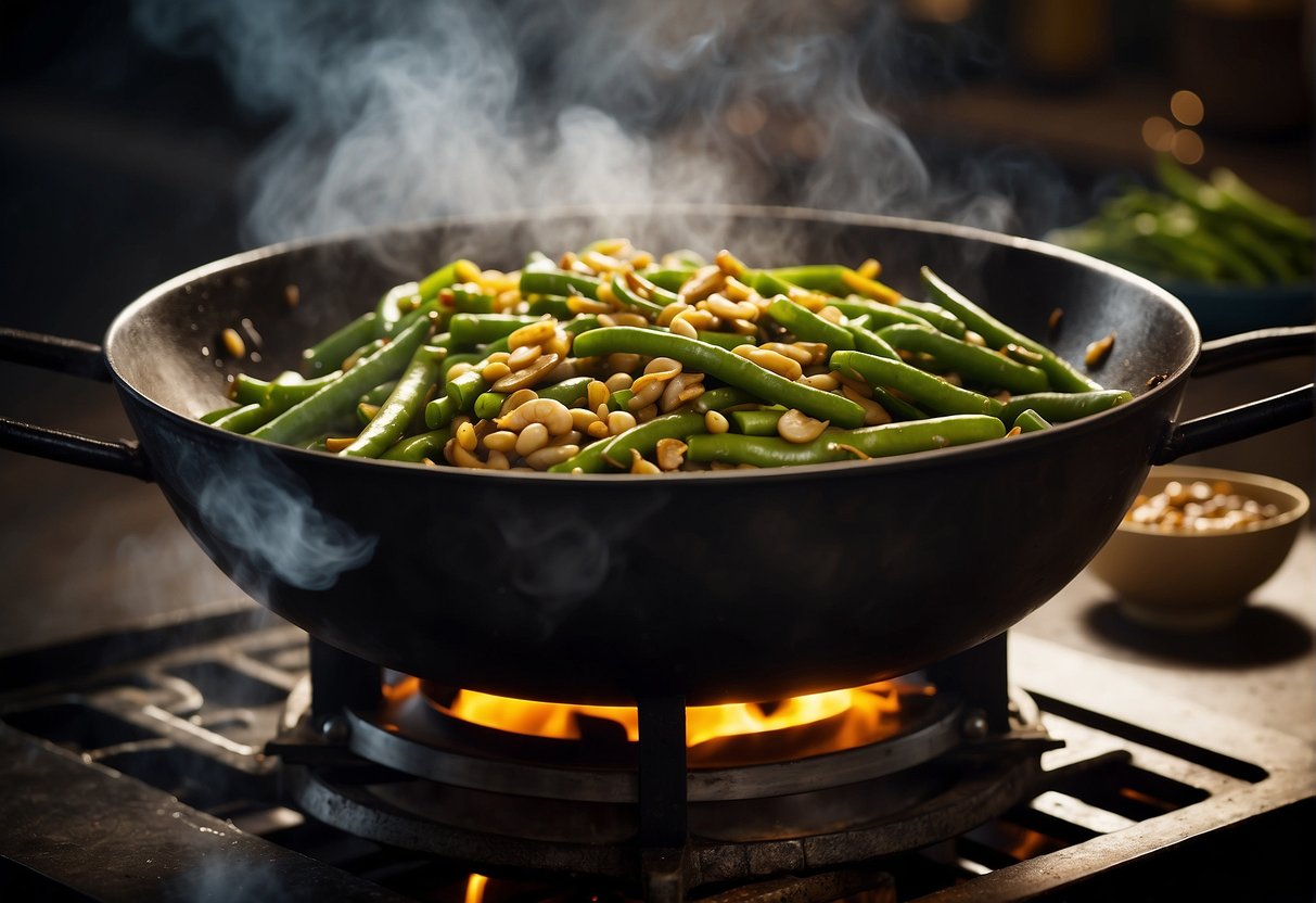 A wok sizzles with stir-fried flat beans, garlic, and soy sauce. Steam rises as the beans cook to perfection, filling the air with savory aromas