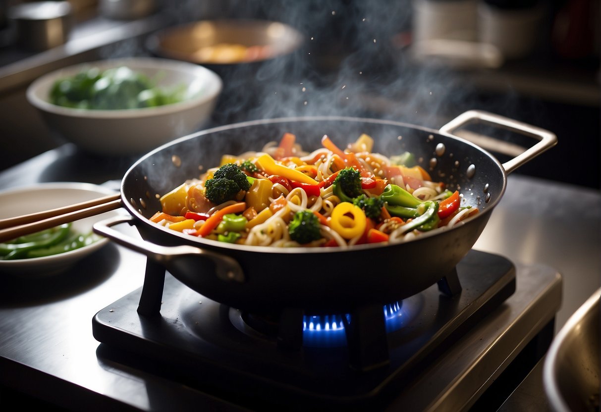 A sizzling wok tosses colorful stir-fry with chopsticks. Steam rises as fragrant aromas fill the air in a bustling Chinese kitchen